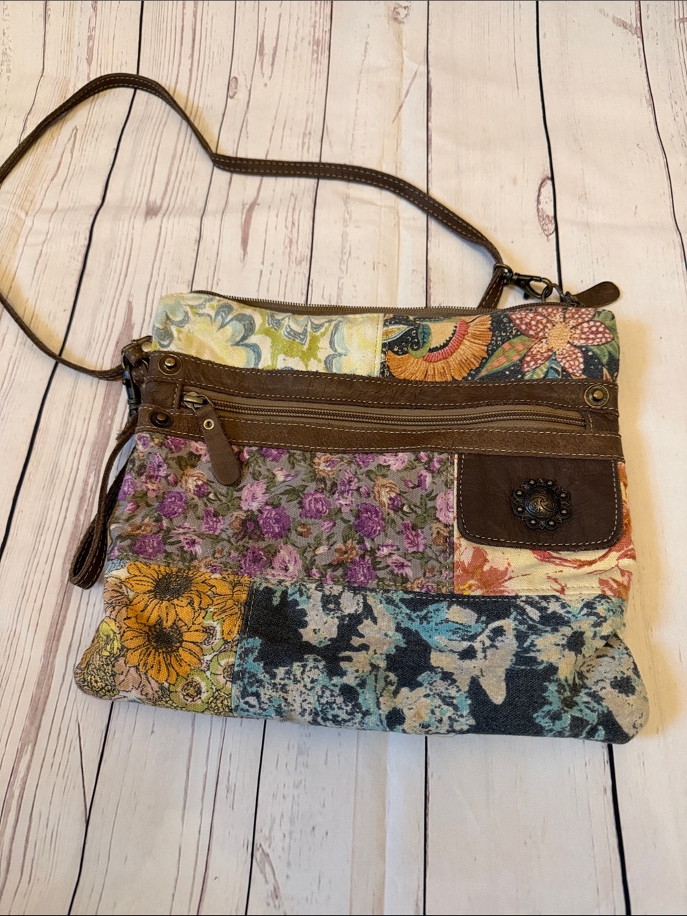 Myra bag Patchwork Floral Crossbody with Brown Trim and Adjustable Strap